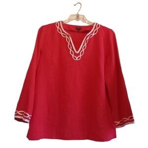 Talbots Red‎ Linen Top Women's Medium Embroidered V Neck Long Sleeve Blouse